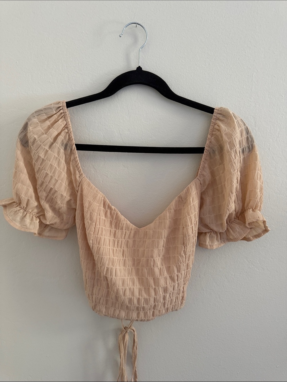 Smocked Puff-Sleeve Crop Top in Soft Beige